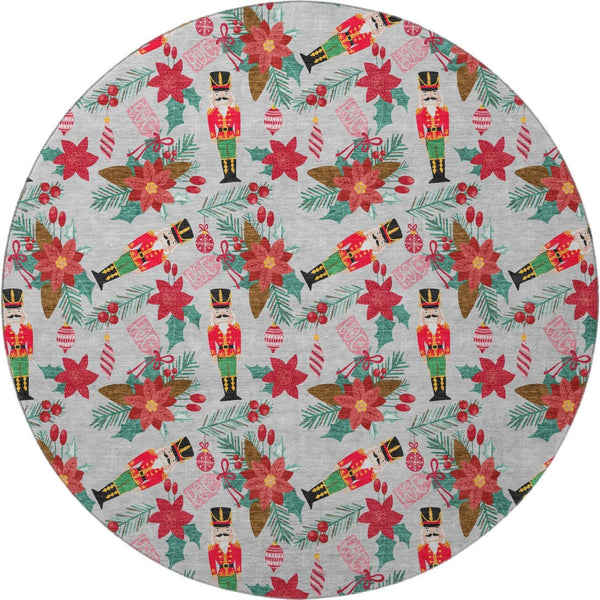 HomeRoots 8' Stylish Silver Red and Black Abstract Geometric Round Rug – Washable, UV-Protected, Non-Slip! 702041