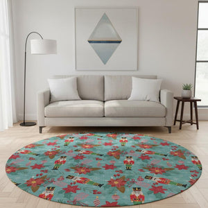 HomeRoots 8' Teal Red and Black Geometric Round Rug – Washable, UV Protected, Non-Slip, Perfect for Active Homes! 702047