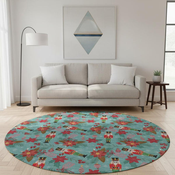 HomeRoots 8' Teal Red and Black Geometric Round Rug – Washable, UV Protected, Non-Slip, Perfect for Active Homes! 702047