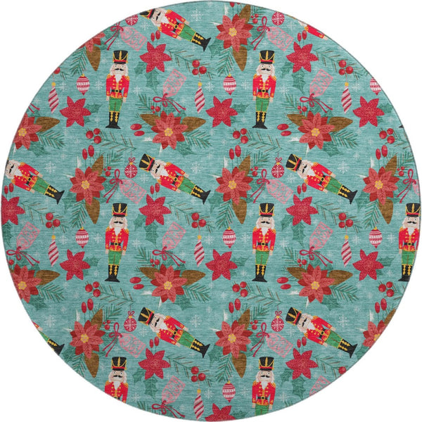HomeRoots 8' Teal Red and Black Geometric Round Rug – Washable, UV Protected, Non-Slip, Perfect for Active Homes! 702047