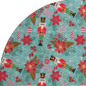 HomeRoots 8' Teal Red and Black Geometric Round Rug – Washable, UV Protected, Non-Slip, Perfect for Active Homes! 702047