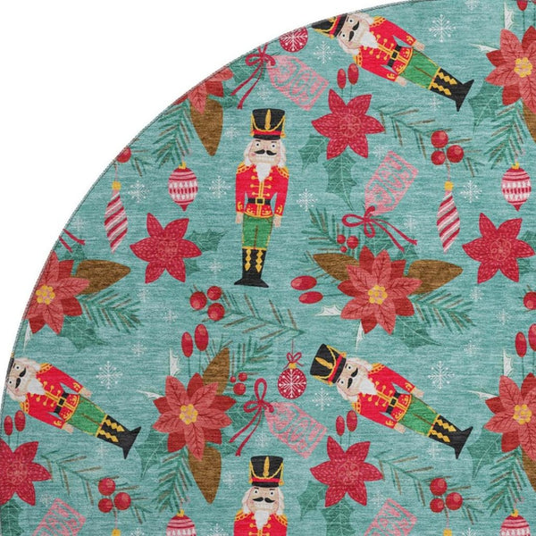 HomeRoots 8' Teal Red and Black Geometric Round Rug – Washable, UV Protected, Non-Slip, Perfect for Active Homes! 702047