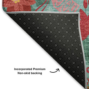 HomeRoots 10' X 14' Teal, Red & Black Geometric Washable Area Rug – Durable, UV-Protected & Easy-Care Design! 702050