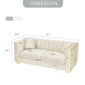 English Elm 81" Tufted Velvet Chesterfield Sofa with Gold Steel Legs for Elegant Living Rooms Beige W1191S00062