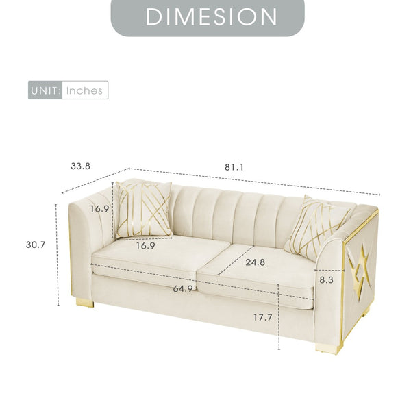 English Elm 81" Tufted Velvet Chesterfield Sofa with Gold Steel Legs for Elegant Living Rooms Beige W1191S00062