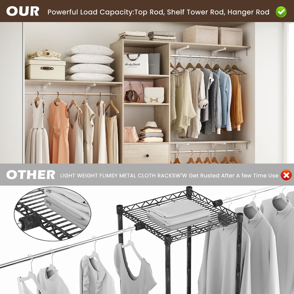 English Elm Closet Organizer - Versatile High Capacity Wardrobe Rack With 3 Drawers & Expandable Hanger Rods T3623P409124