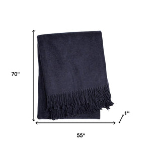 HomeRoots 55" Navy Blue Plush Throw Blanket – Luxurious Cotton Blend with Fringe for Cozy Elegance & Comfort 702220