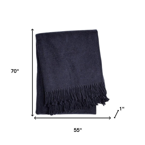 HomeRoots 55" Navy Blue Plush Throw Blanket – Luxurious Cotton Blend with Fringe for Cozy Elegance & Comfort 702220