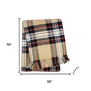 HomeRoots 55" Cozy Camel Black Red and White Plaid Throw Blanket - Soft Cotton Blend with Fringe Accent 702222