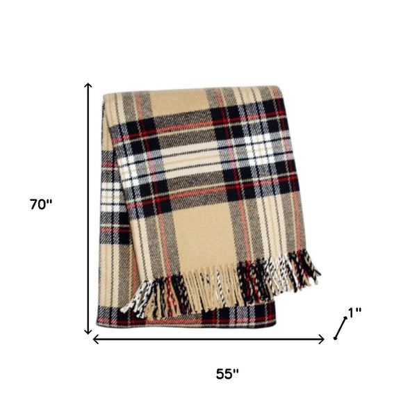 HomeRoots 55" Cozy Camel Black Red and White Plaid Throw Blanket - Soft Cotton Blend with Fringe Accent 702222