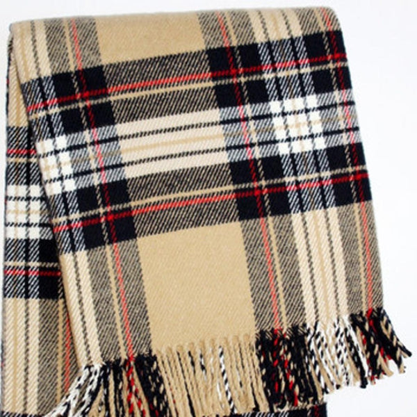 HomeRoots 55" Cozy Camel Black Red and White Plaid Throw Blanket - Soft Cotton Blend with Fringe Accent 702222