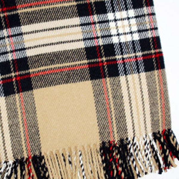 HomeRoots 55" Cozy Camel Black Red and White Plaid Throw Blanket - Soft Cotton Blend with Fringe Accent 702222