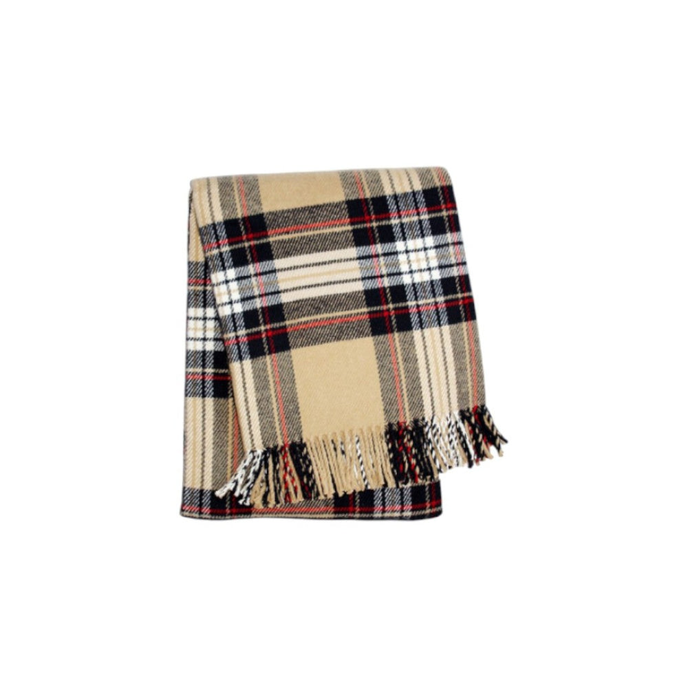 HomeRoots 55" Cozy Camel Black Red and White Plaid Throw Blanket - Soft Cotton Blend with Fringe Accent 702222