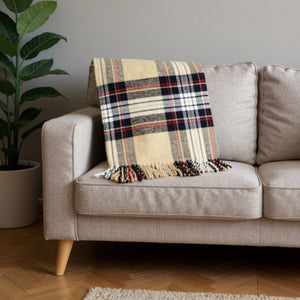 HomeRoots 55" Cozy Camel Black Red and White Plaid Throw Blanket - Soft Cotton Blend with Fringe Accent 702222