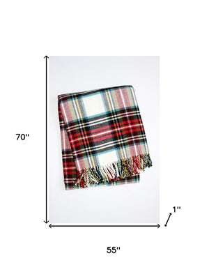HomeRoots 55" Cozy Cotton Blend Plaid Throw Blanket in Black, Red & White with Decorative Fringe for All Seasons 702223