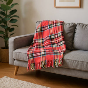 HomeRoots 55" Cozy Red, Black & White Plaid Throw Blanket - Soft Cotton-Acrylic Blend with Chic Fringe Edging 702224