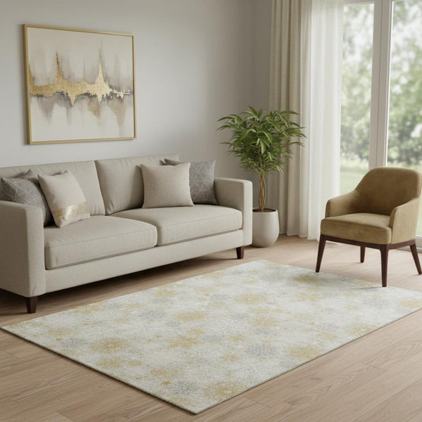 HomeRoots 5' X 8' Beige Gold Gray Abstract Geometric Area Rug - Washable, UV-Protected, Durable Design! 702252