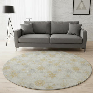 HomeRoots 8' Beige Gold and Gray Abstract Geometric Round Rug - Washable, UV Protected & Stain Resistant Design 702253
