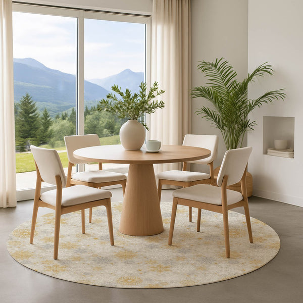 HomeRoots 8' Beige Gold and Gray Abstract Geometric Round Rug - Washable, UV Protected & Stain Resistant Design 702253