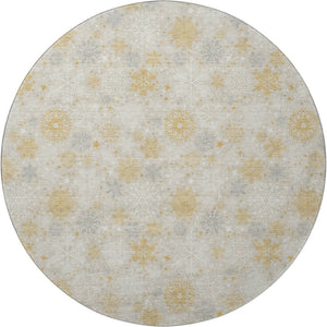 HomeRoots 8' Beige Gold and Gray Abstract Geometric Round Rug - Washable, UV Protected & Stain Resistant Design 702253
