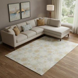 HomeRoots 9' X 12' Washable Area Rug in Beige Gold & Gray - Durable, Elegant Abstract Design with UV Protection 702255