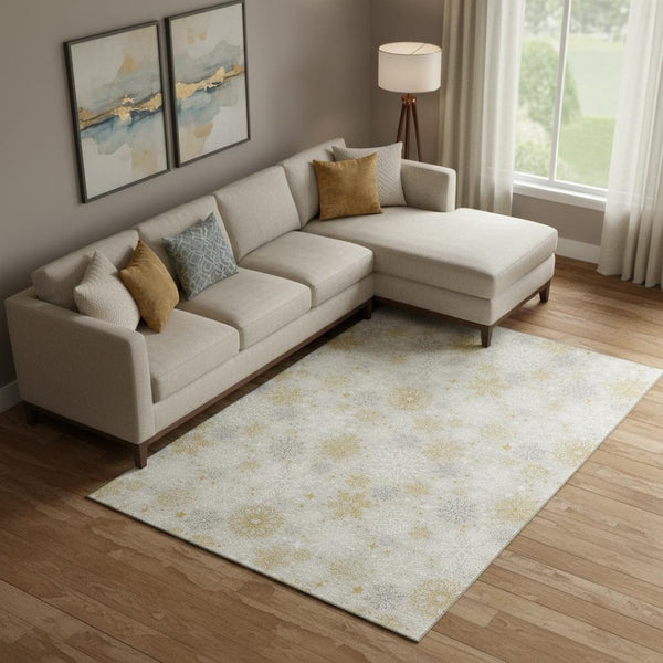 HomeRoots 10' X 14' Modern Beige Gold Gray Abstract Geometric Area Rug - Washable, UV Protected, Durable Design 702256