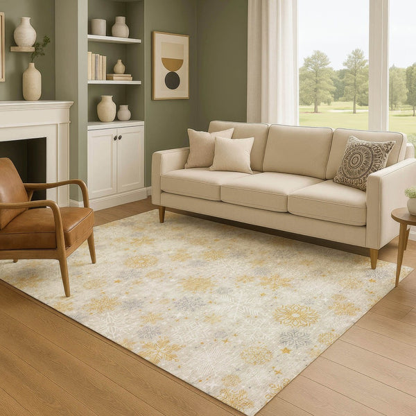 HomeRoots 10' X 14' Modern Beige Gold Gray Abstract Geometric Area Rug - Washable, UV Protected, Durable Design 702256