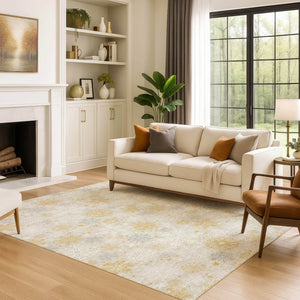 HomeRoots 10' X 14' Modern Beige Gold Gray Abstract Geometric Area Rug - Washable, UV Protected, Durable Design 702256