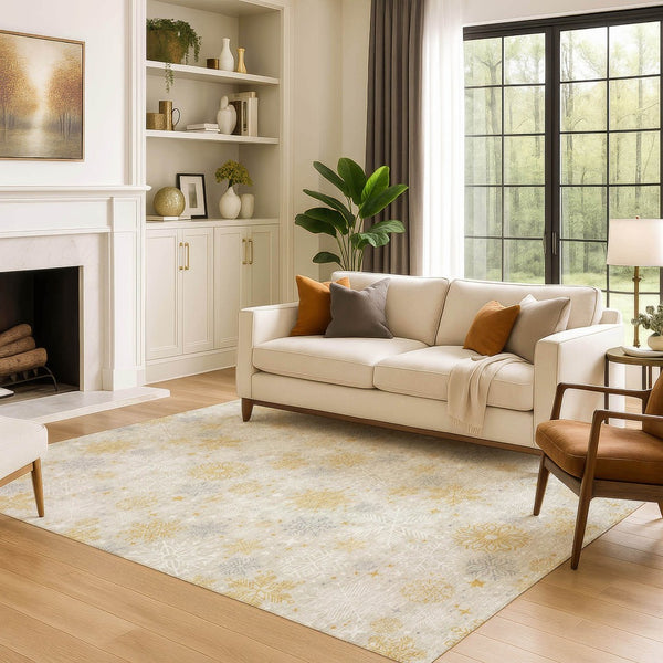 HomeRoots 10' X 14' Modern Beige Gold Gray Abstract Geometric Area Rug - Washable, UV Protected, Durable Design 702256