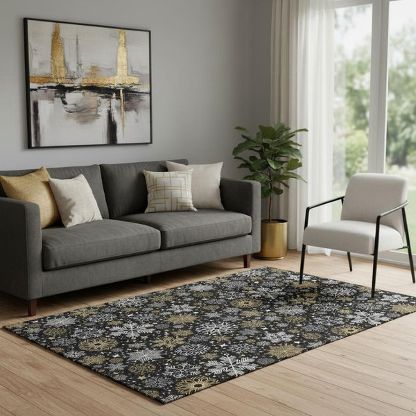 HomeRoots 5' X 8' Black Gold Ivory Abstract Geometric Area Rug - Washable, UV Protected, Durable & Stylish! 702258