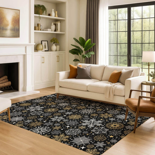 HomeRoots 5' X 8' Black Gold Ivory Abstract Geometric Area Rug - Washable, UV Protected, Durable & Stylish! 702258