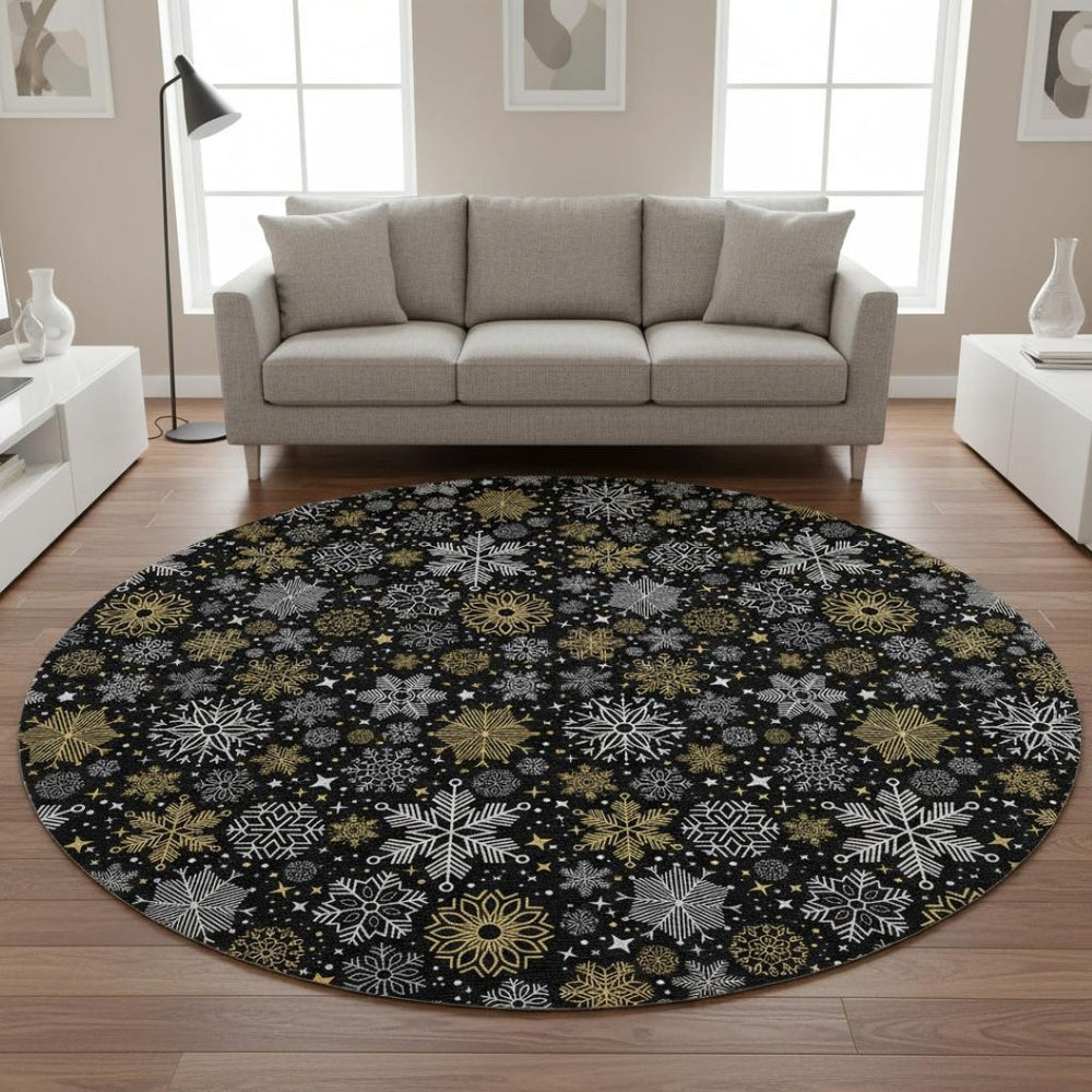 HomeRoots 8' Contemporary Black Gold Ivory Abstract Round Rug – Washable, UV Protected, Pet Friendly Design! 702259