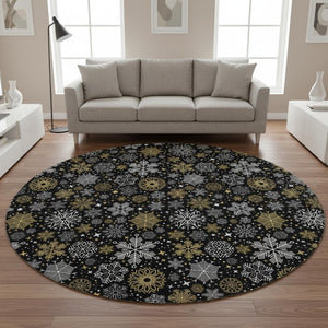 HomeRoots 8' Contemporary Black Gold Ivory Abstract Round Rug – Washable, UV Protected, Pet Friendly Design! 702259