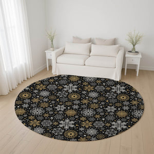 HomeRoots 8' Contemporary Black Gold Ivory Abstract Round Rug – Washable, UV Protected, Pet Friendly Design! 702259