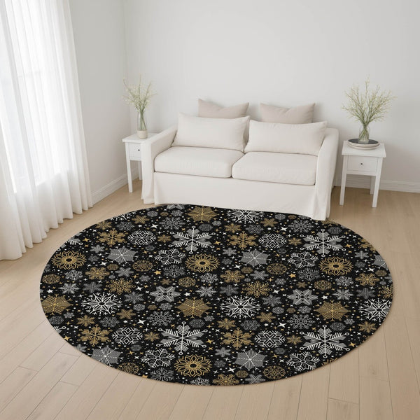 HomeRoots 8' Contemporary Black Gold Ivory Abstract Round Rug – Washable, UV Protected, Pet Friendly Design! 702259