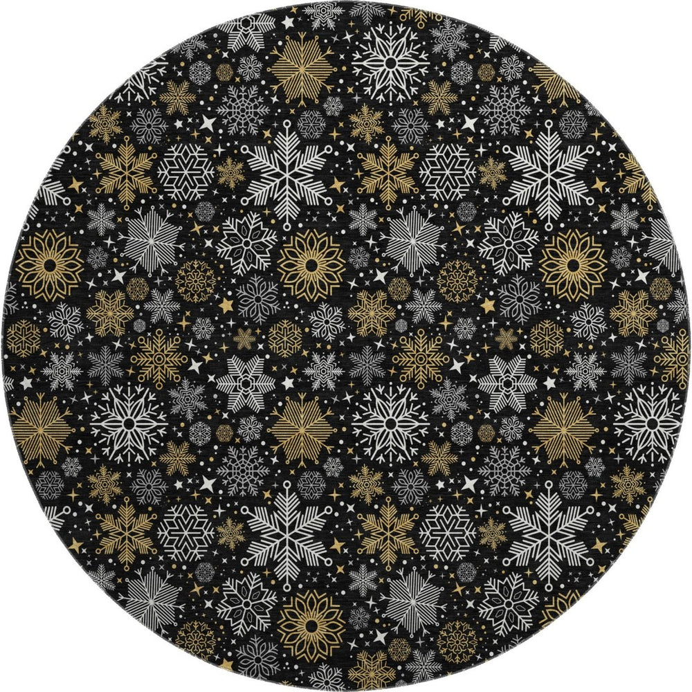 HomeRoots 8' Contemporary Black Gold Ivory Abstract Round Rug – Washable, UV Protected, Pet Friendly Design! 702259