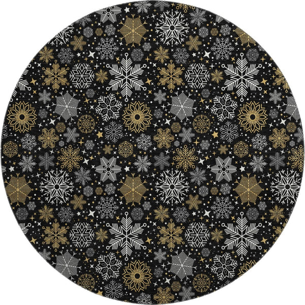 HomeRoots 8' Contemporary Black Gold Ivory Abstract Round Rug – Washable, UV Protected, Pet Friendly Design! 702259