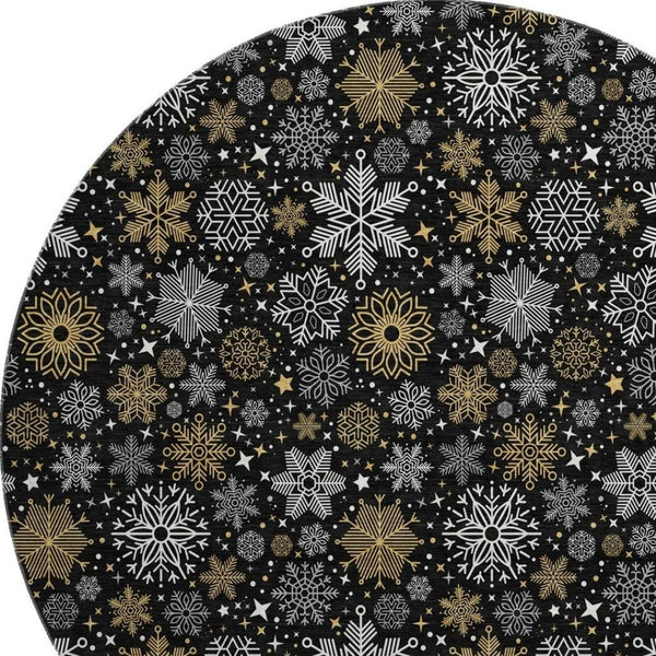 HomeRoots 8' Contemporary Black Gold Ivory Abstract Round Rug – Washable, UV Protected, Pet Friendly Design! 702259