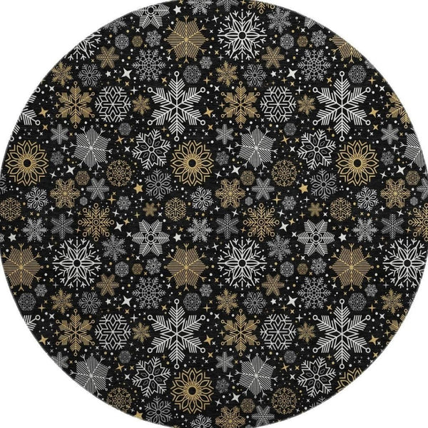 HomeRoots 8' Contemporary Black Gold Ivory Abstract Round Rug – Washable, UV Protected, Pet Friendly Design! 702259