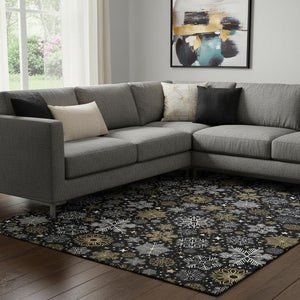 HomeRoots 8' X 10' Washable Black Gold Ivory Abstract Geometric Area Rug with UV Protection for High Traffic Areas 702260