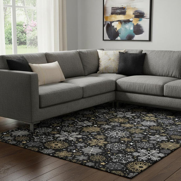 HomeRoots 8' X 10' Washable Black Gold Ivory Abstract Geometric Area Rug with UV Protection for High Traffic Areas 702260