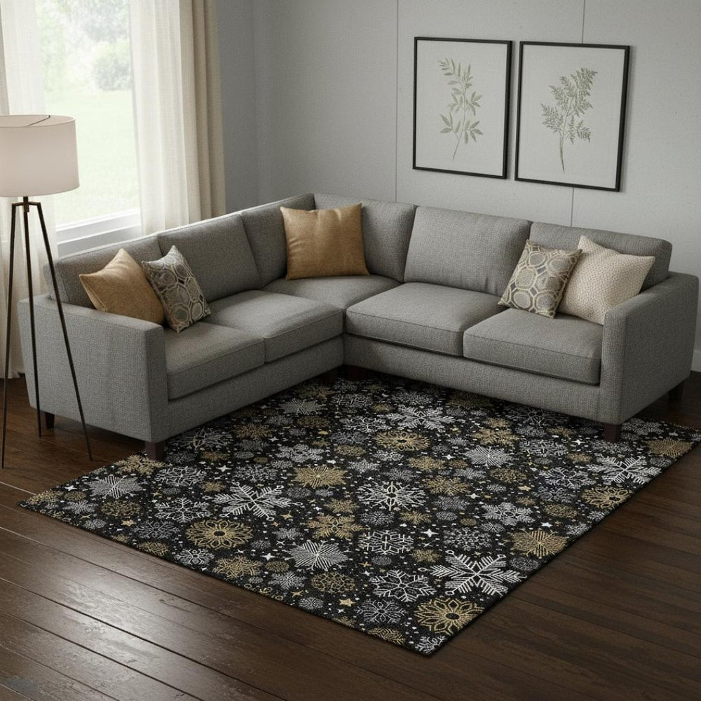 HomeRoots 9' X 12' Abstract Geometric Washable Area Rug in Black, Gold & Ivory – Durable, UV-Resistant Design! 702261