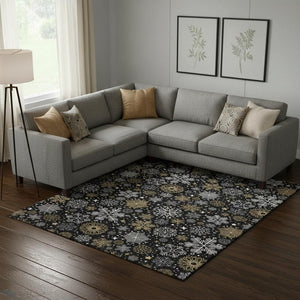 HomeRoots 9' X 12' Abstract Geometric Washable Area Rug in Black, Gold & Ivory – Durable, UV-Resistant Design! 702261