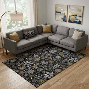 HomeRoots 10' Black Gold & Ivory Abstract Geometric Washable Area Rug - Stain Resistant, UV Protected, Stylish Comfort 702262