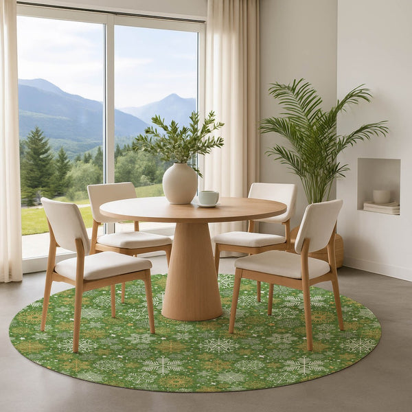 HomeRoots 8' Green Ivory Gold Abstract Geometric Washable Round Rug - UV Protected & Stain Resistant Design 702265