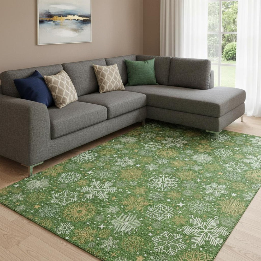 HomeRoots 8' X 10' Green Ivory Gold Area Rug - Durable, Washable, UV-Protected, Modern Geometric Design for Any Room 702266