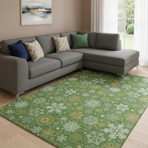 HomeRoots 8' X 10' Green Ivory Gold Area Rug - Durable, Washable, UV-Protected, Modern Geometric Design for Any Room 702266