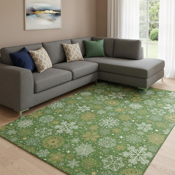 HomeRoots 8' X 10' Green Ivory Gold Area Rug - Durable, Washable, UV-Protected, Modern Geometric Design for Any Room 702266