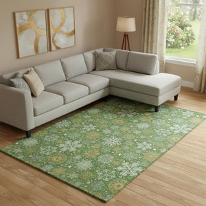HomeRoots 10' Geometric Washable Area Rug in Green, Ivory & Gold - Durable, Stain-Resistant, UV Protected Design 702268
