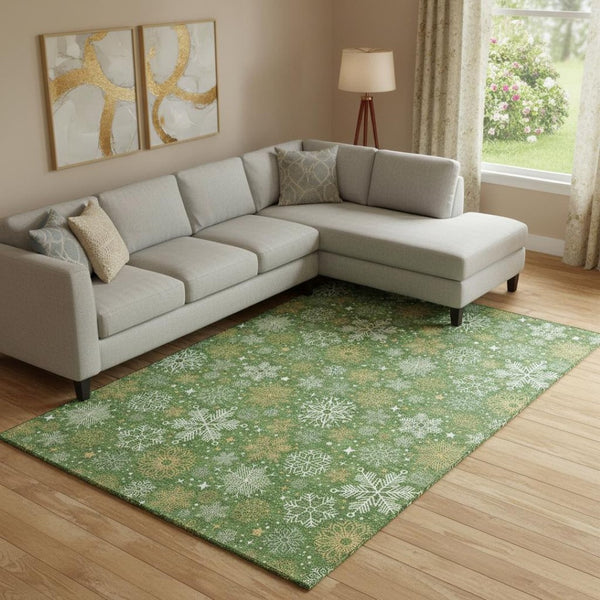 HomeRoots 10' Geometric Washable Area Rug in Green, Ivory & Gold - Durable, Stain-Resistant, UV Protected Design 702268